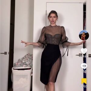 Elpis sheer rhinestoned shoulder top with back zip as worn by madeleine white